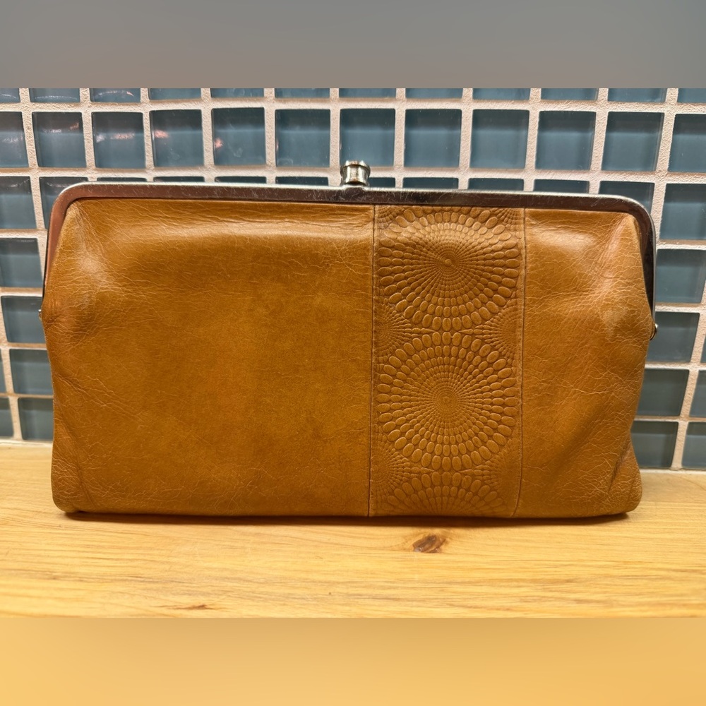 HOBO Tan Leather Clutch with Embossed Design